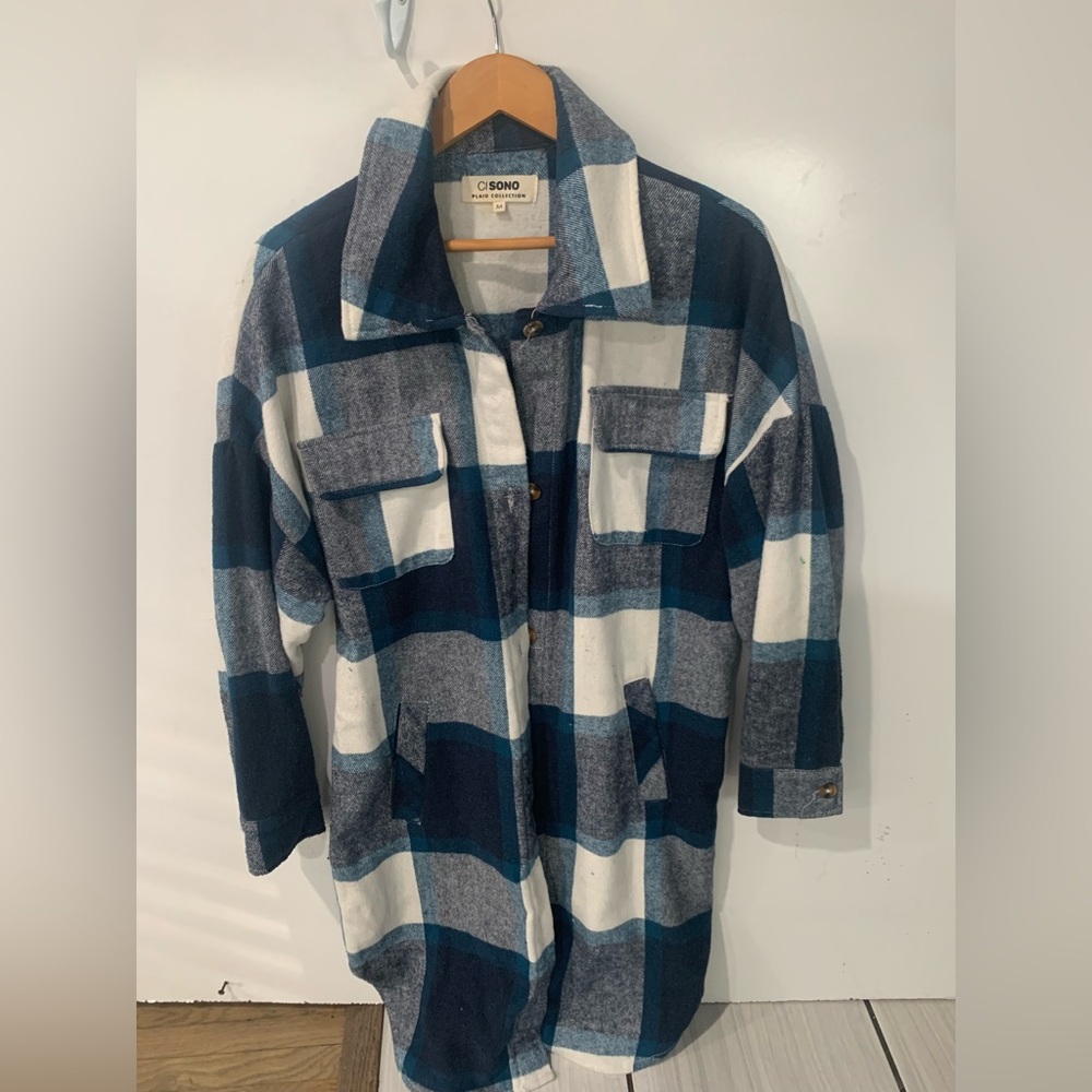 Ci Sono Navy and White Checkered Shirt long coat size M Heavy